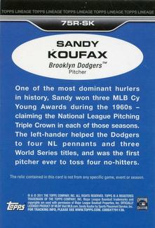 2011 Topps Lineage - 1975 Mini Relics #75R-SK Sandy Koufax Back