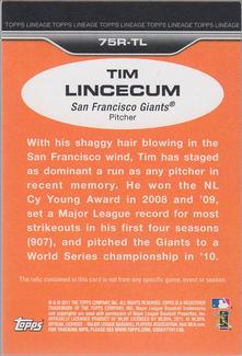 2011 Topps Lineage - 1975 Mini Relics #75R-TL Tim Lincecum Back