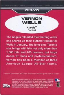 2011 Topps Lineage - 1975 Mini Relics #75R-VW Vernon Wells Back