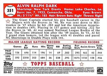 2011 Topps Lineage - Autographs #RA-AD Alvin Dark Back
