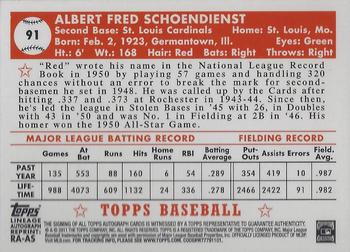 2011 Topps Lineage - Autographs #RA-AS Red Schoendienst Back