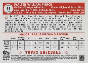 2011 Topps Lineage - Autographs #RA-BP Billy Pierce Back