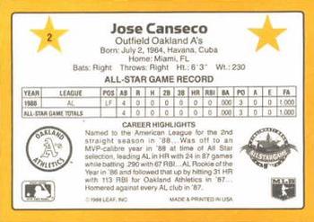 1989 Donruss All-Stars #2 Jose Canseco Back