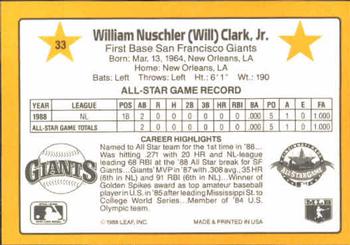 1989 Donruss All-Stars #33 Will Clark Back