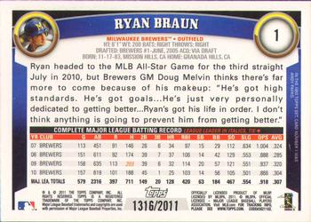 2011 Topps - Gold #1 Ryan Braun Back
