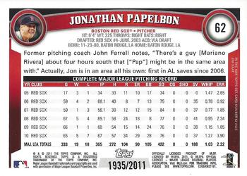 2011 Topps - Gold #62 Jonathan Papelbon Back