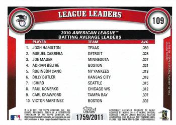 2011 Topps - Gold #109 2010 AL Batting Average Leaders (Josh Hamilton / Miguel Cabrera / Joe Mauer) Back