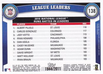 2011 Topps - Gold #138 2010 NL Runs Batted In Leaders (Albert Pujols / Carlos Gonzalez / Joey Votto) Back