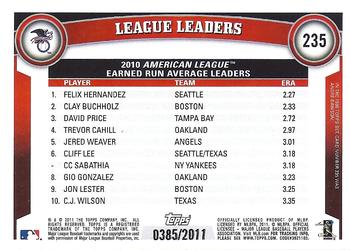 2011 Topps - Gold #235 2010 AL Earned Run Average Leaders (Felix Hernandez / Clay Buchholz / David Price) Back