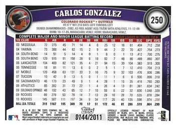 2011 Topps - Gold #250 Carlos Gonzalez Back