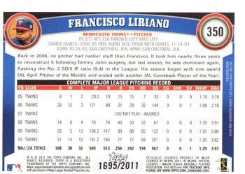 2011 Topps - Gold #350 Francisco Liriano Back