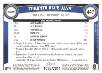 2011 Topps - Gold #447 Toronto Blue Jays Back