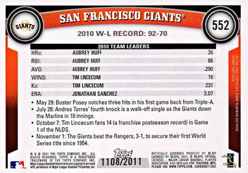 2011 Topps - Gold #552 San Francisco Giants Back