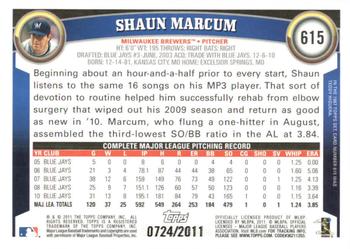 2011 Topps - Gold #615 Shaun Marcum Back