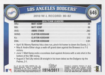 2011 Topps - Gold #646 Los Angeles Dodgers Back