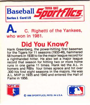 1986 Sportflics - Trivia Cards #15 Baseball Trivia Quiz Back