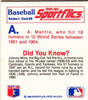 1986 Sportflics - Trivia Cards #29 Baseball Trivia Quiz Back