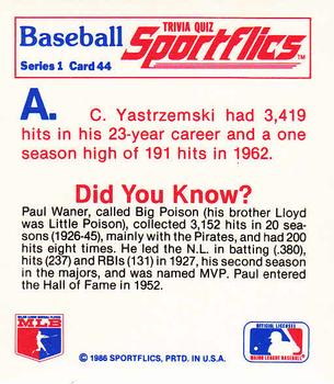 1986 Sportflics - Trivia Cards #44 Baseball Trivia Quiz Back