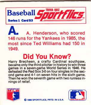 1986 Sportflics - Trivia Cards #53 Baseball Trivia Quiz Back