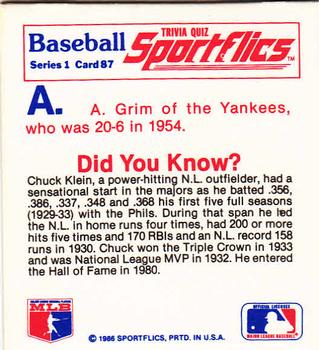 1986 Sportflics - Trivia Cards #87 Baseball Trivia Quiz Back