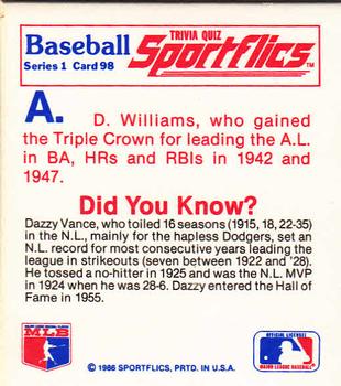 1986 Sportflics - Trivia Cards #98 Baseball Trivia Quiz Back