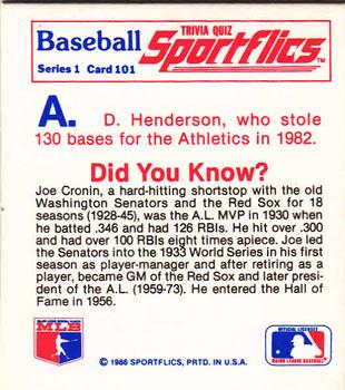 1986 Sportflics - Trivia Cards #101 Baseball Trivia Quiz Back