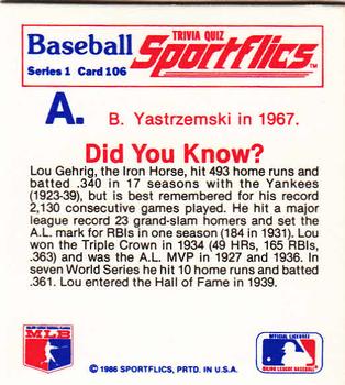 1986 Sportflics - Trivia Cards #106 Baseball Trivia Quiz Back