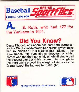 1986 Sportflics - Trivia Cards #108 Baseball Trivia Quiz Back
