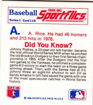 1986 Sportflics - Trivia Cards #119 Baseball Trivia Quiz Back