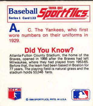 1986 Sportflics - Trivia Cards #133 Baseball Trivia Quiz Back