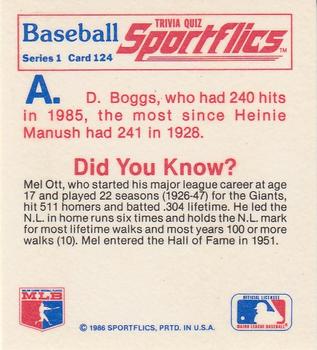 1986 Sportflics - Trivia Cards #124 Baseball Trivia Quiz Back