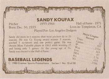 1980 Cramer Baseball Legends Series 1 #10 Sandy Koufax Back