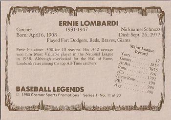 1980 Cramer Baseball Legends Series 1 #11 Ernie Lombardi Back