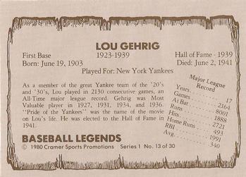 1980 Cramer Baseball Legends Series 1 #13 Lou Gehrig Back