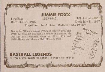 1980 Cramer Baseball Legends Series 1 #16 Jimmie Foxx Back