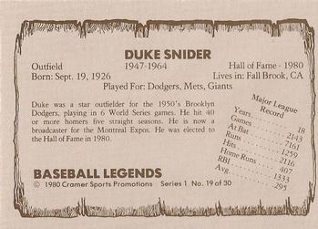 1980 Cramer Baseball Legends Series 1 #19 Duke Snider Back