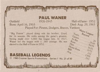 1980 Cramer Baseball Legends Series 1 #21 Paul Waner Back