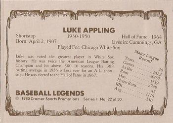 1980 Cramer Baseball Legends Series 1 #22 Luke Appling Back