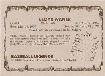 1980 Cramer Baseball Legends Series 1 #24 Lloyd Waner Back
