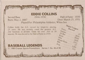 1980 Cramer Baseball Legends Series 1 #26 Eddie Collins Back