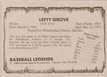 1980 Cramer Baseball Legends Series 1 #27 Lefty Grove Back