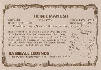 1980 Cramer Baseball Legends Series 1 #2 Heinie Manush Back