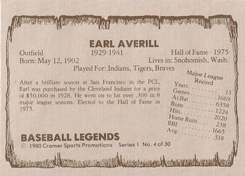 1980 Cramer Baseball Legends Series 1 #4 Earl Averill Back