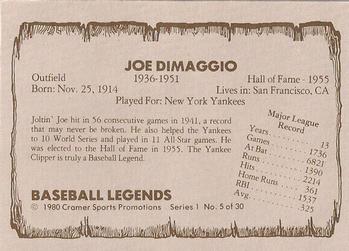 1980 Cramer Baseball Legends Series 1 #5 Joe DiMaggio Back