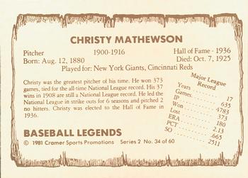 1981 Cramer Baseball Legends Series 2 #34 Christy Mathewson Back