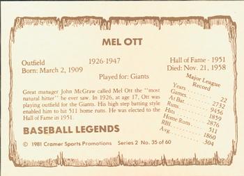 1981 Cramer Baseball Legends Series 2 #35 Mel Ott Back
