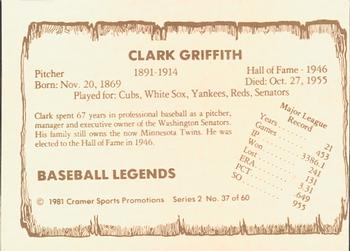 1981 Cramer Baseball Legends Series 2 #37 Clark Griffith Back