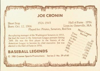 1981 Cramer Baseball Legends Series 2 #39 Joe Cronin Back