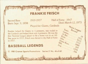 1981 Cramer Baseball Legends Series 2 #46 Frankie Frisch Back