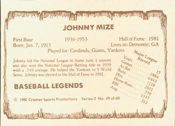1981 Cramer Baseball Legends Series 2 #49 Johnny Mize Back